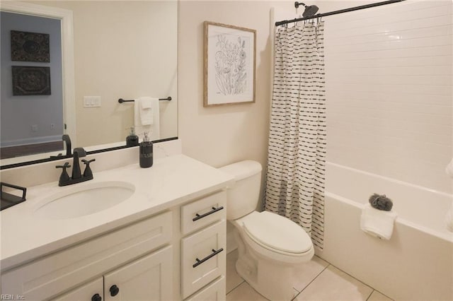 full bathroom with shower / tub combo, tile patterned flooring, toilet, and vanity