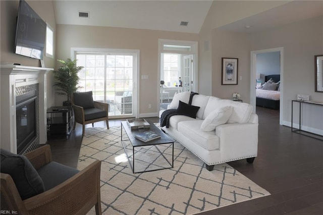 living room featuring plenty of natural light, high vaulted ceiling, and hardwood / wood-style floors