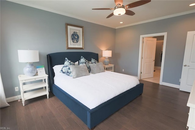 bedroom with ornamental molding, hardwood / wood-style floors, and ceiling fan