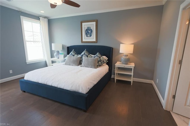 bedroom featuring wood-type flooring, ornamental molding, and ceiling fan