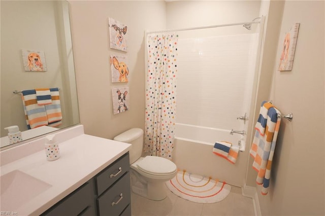 full bathroom featuring tile patterned flooring, shower / bath combination with curtain, toilet, and vanity