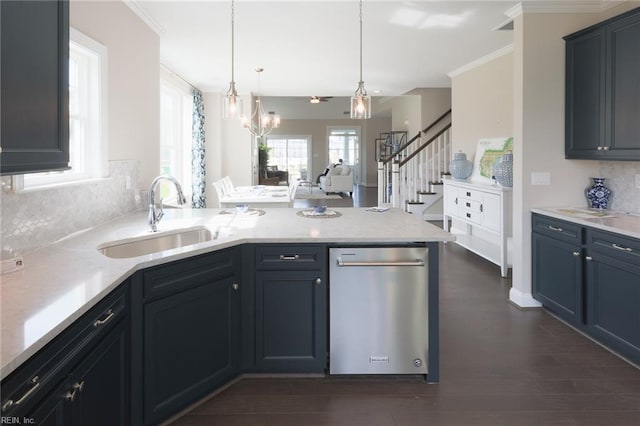 kitchen with crown molding, dishwasher, backsplash, and dark hardwood / wood-style flooring