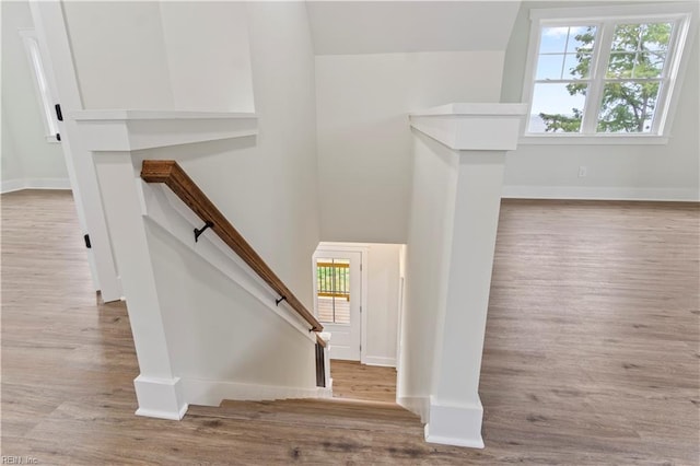 stairway with a wealth of natural light and hardwood / wood-style floors