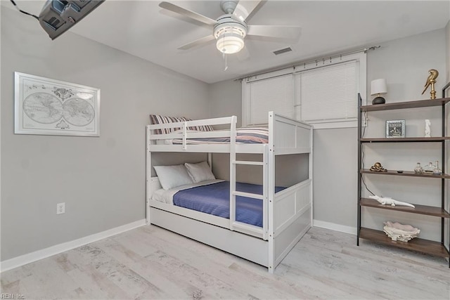 bedroom featuring ceiling fan and light hardwood / wood-style flooring