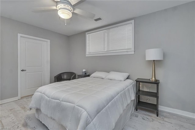 bedroom with ceiling fan and light hardwood / wood-style flooring