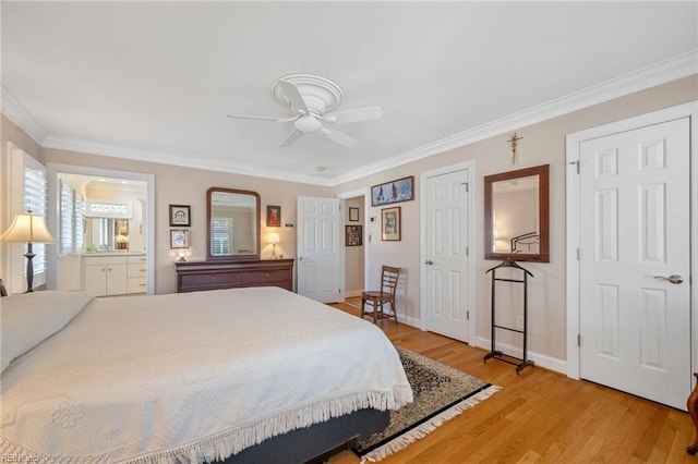 bedroom with light hardwood / wood-style flooring, ceiling fan, and crown molding