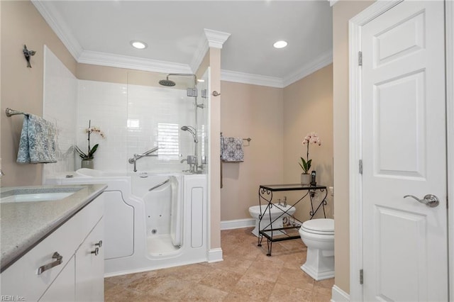 bathroom featuring vanity, walk in shower, tile floors, toilet, and ornamental molding