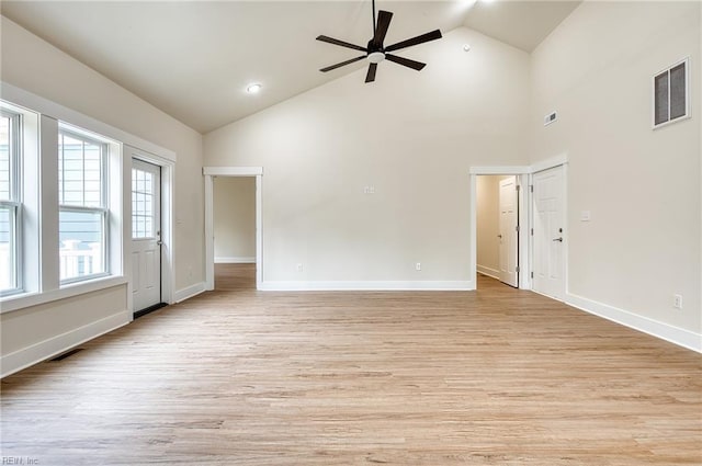 unfurnished room featuring high vaulted ceiling, light hardwood / wood-style floors, and ceiling fan