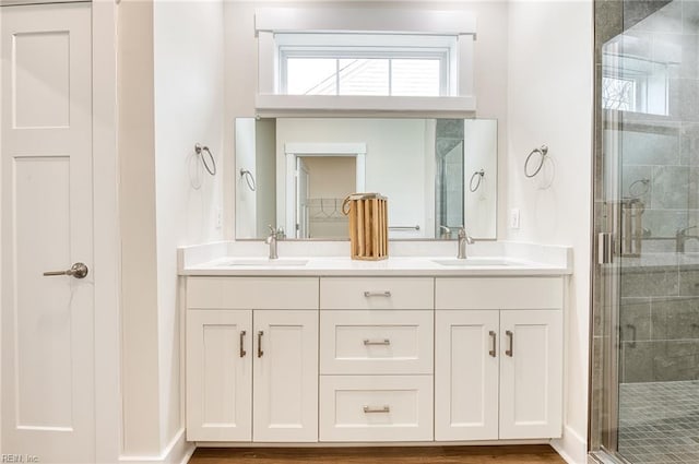 bathroom with vanity and a shower with door