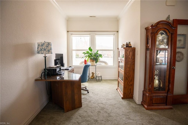 office with carpet floors and ornamental molding