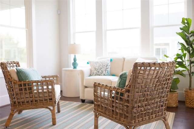 sitting room with plenty of natural light and dark wood-type flooring