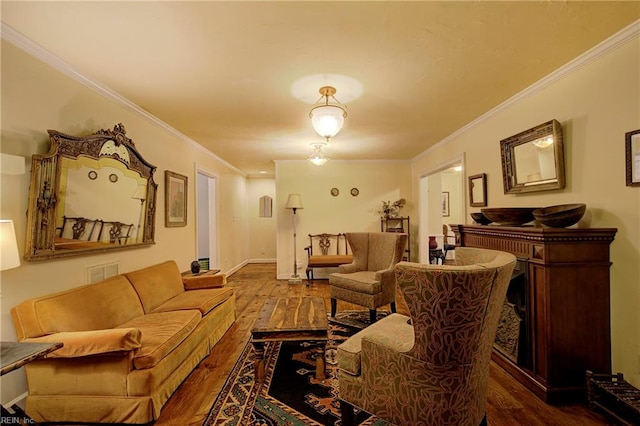 living room featuring crown molding and dark hardwood / wood-style floors