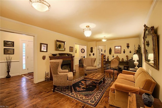 living room featuring crown molding and dark wood-type flooring