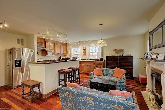 living room featuring dark hardwood / wood-style floors and track lighting