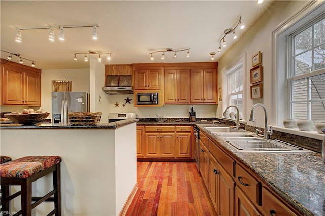 kitchen featuring stainless steel appliances, dark stone counters, track lighting, and a wealth of natural light