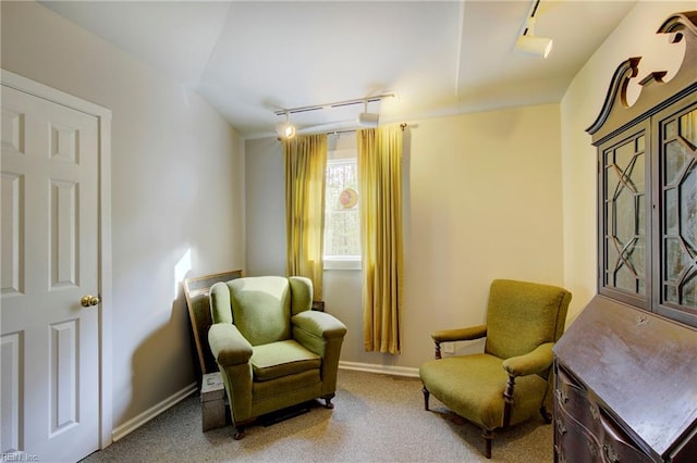 living area featuring carpet flooring and rail lighting