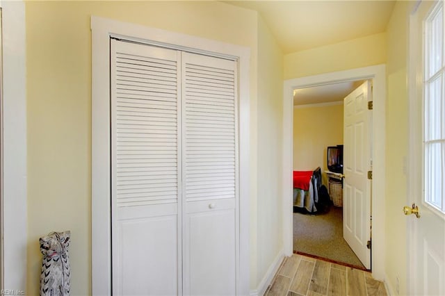 hall featuring light colored carpet