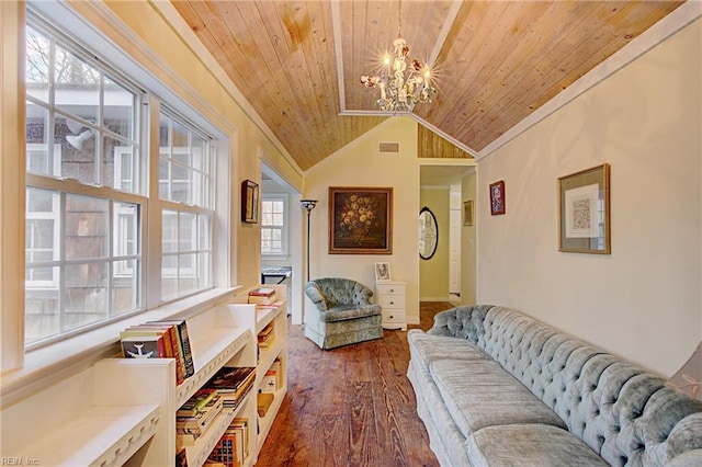 living room featuring an inviting chandelier, dark wood-type flooring, lofted ceiling, wooden ceiling, and ornamental molding