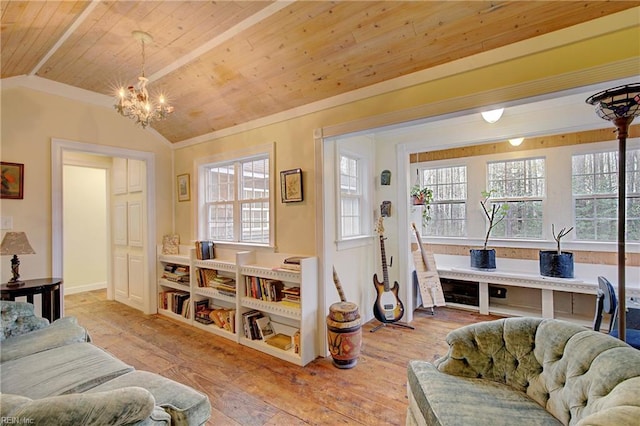 living room with a notable chandelier, lofted ceiling, wood ceiling, and light hardwood / wood-style floors