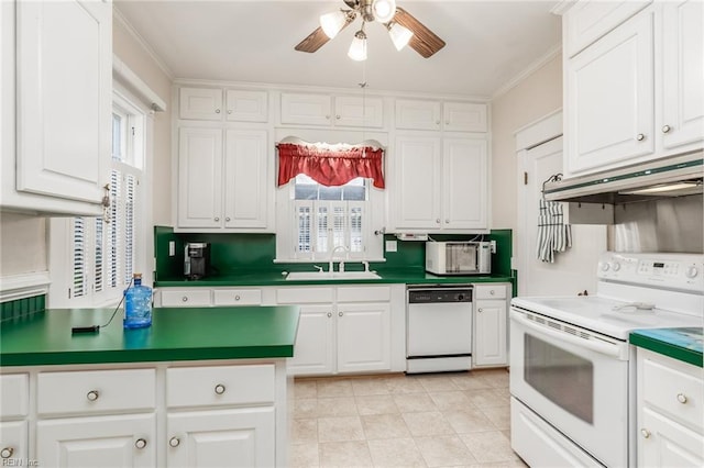 kitchen featuring crown molding, white cabinetry, white appliances, and ceiling fan