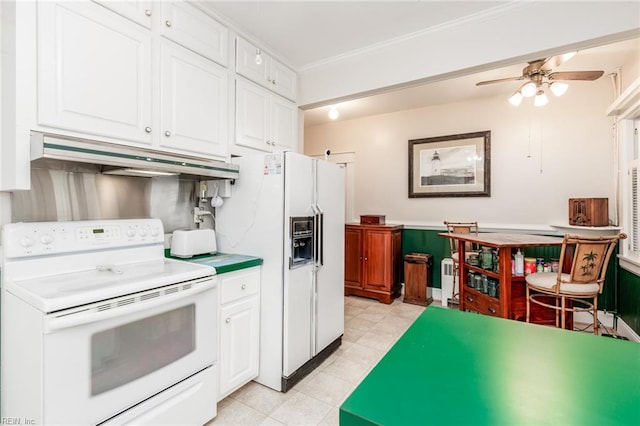 kitchen with ceiling fan, white appliances, light tile floors, and white cabinetry