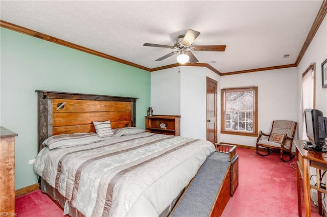 bedroom featuring ceiling fan, crown molding, and dark carpet