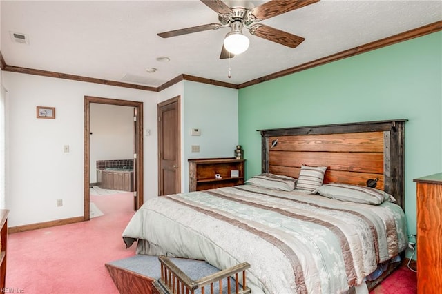 bedroom featuring ceiling fan, ornamental molding, and carpet