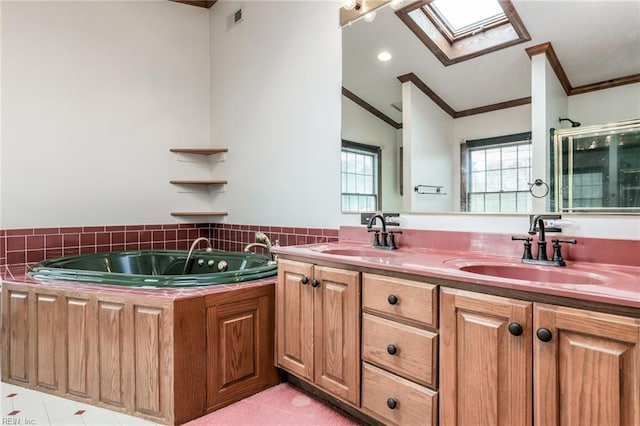 bathroom with vaulted ceiling with skylight, double sink vanity, ornamental molding, tile flooring, and a bathtub