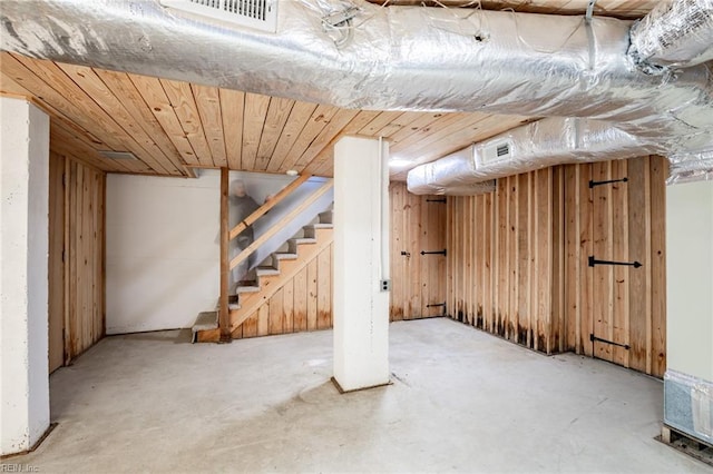 basement with wooden ceiling and wood walls