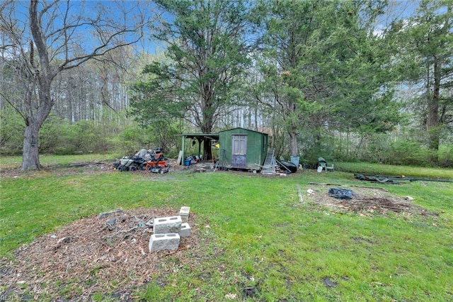 view of yard with a storage shed