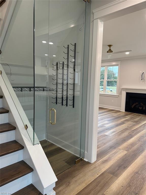 wine room featuring hardwood / wood-style floors and ornamental molding