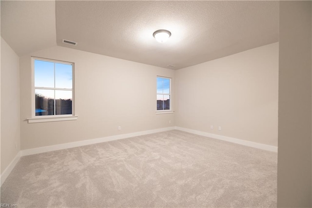 unfurnished room with a textured ceiling, light colored carpet, and plenty of natural light