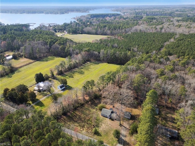 bird's eye view featuring a rural view and a water view