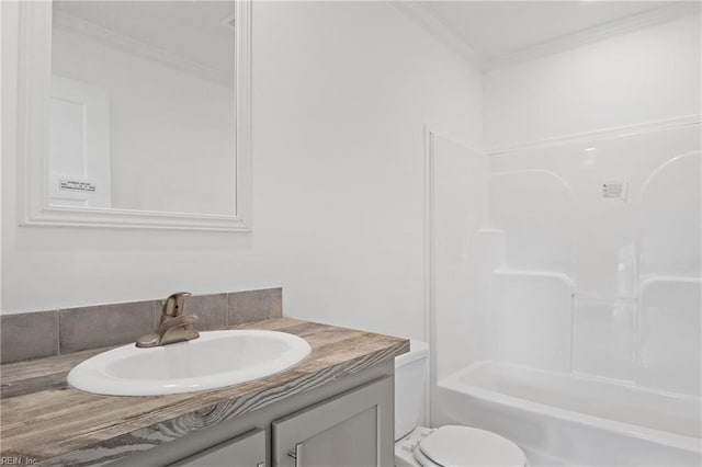 full bathroom with oversized vanity, toilet, bathtub / shower combination, and crown molding