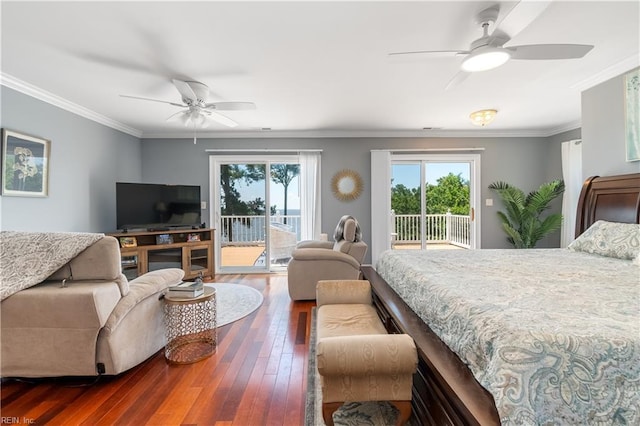 bedroom featuring multiple windows, access to outside, and ceiling fan