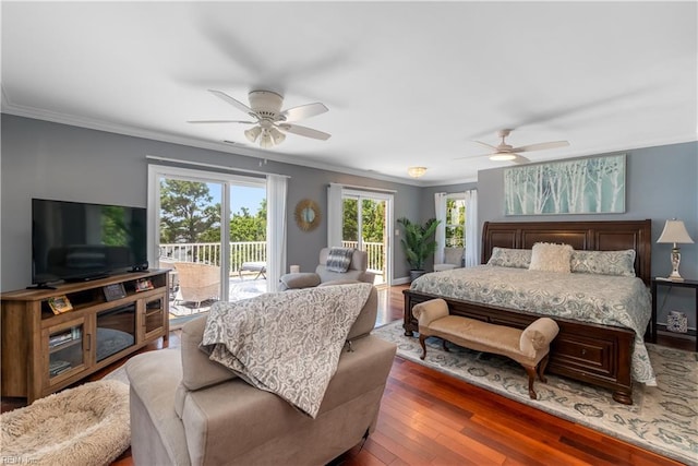 bedroom featuring ceiling fan, access to exterior, ornamental molding, and wood-type flooring