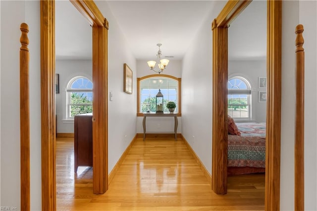 corridor with light wood-type flooring, an inviting chandelier, and a wealth of natural light