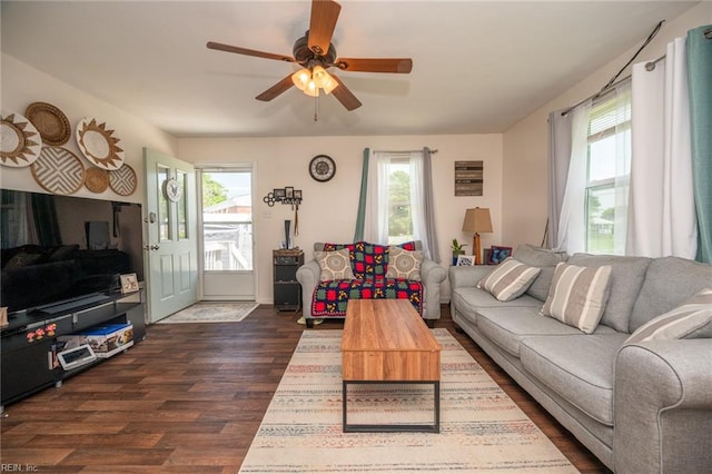 living room featuring dark hardwood / wood-style flooring, plenty of natural light, and ceiling fan