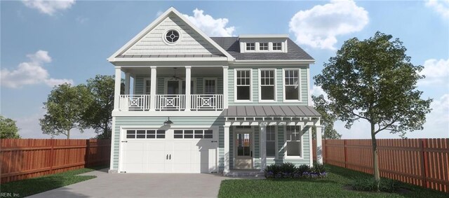 view of front facade with a garage, a front lawn, and covered porch