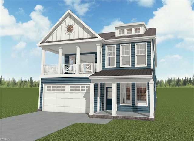 view of front facade with covered porch, a front yard, and a garage