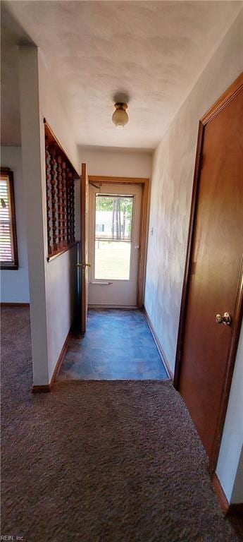 entryway with dark colored carpet