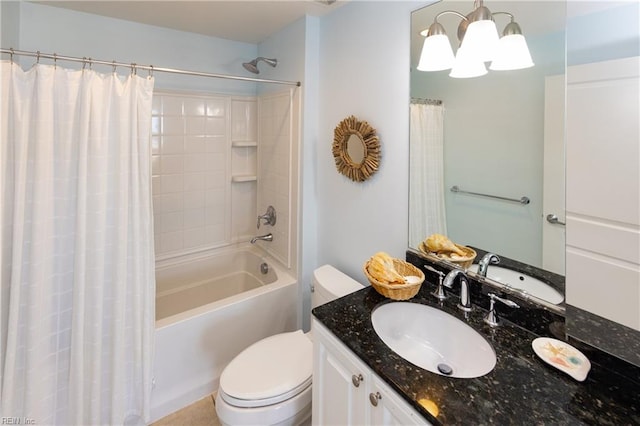 full bathroom with shower / bathtub combination with curtain, an inviting chandelier, vanity, and toilet