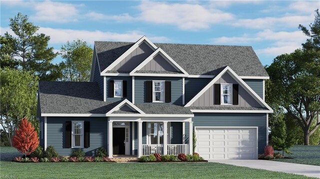 craftsman house with a front yard, a garage, and covered porch