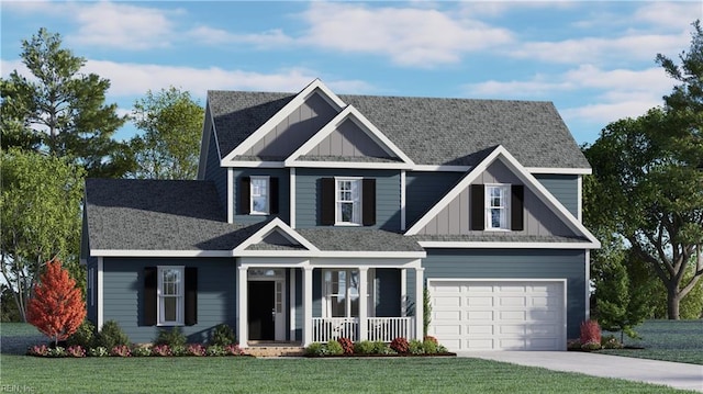 craftsman-style home with a garage, covered porch, and a front yard