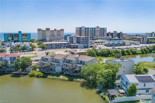 bird's eye view with a water view