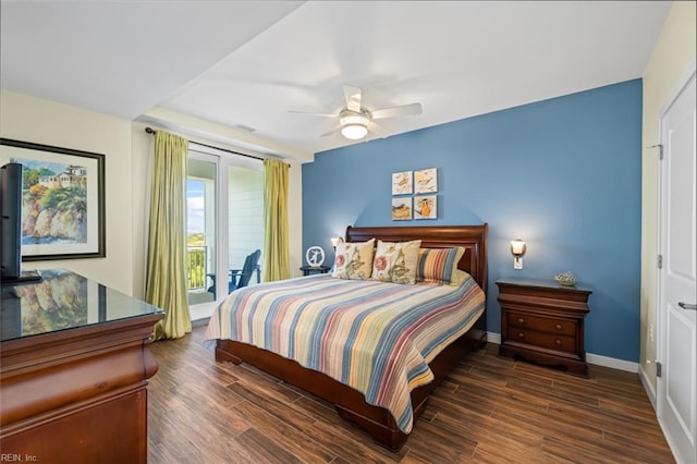 bedroom featuring access to outside and ceiling fan