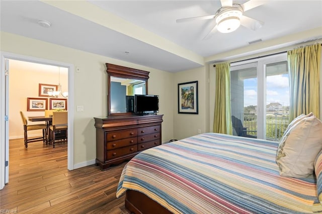 bedroom featuring wood-type flooring and ceiling fan