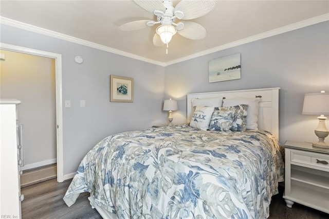 bedroom with ceiling fan, dark hardwood / wood-style floors, and crown molding