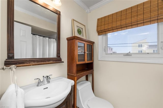 bathroom featuring toilet, curtained shower, ornamental molding, and sink