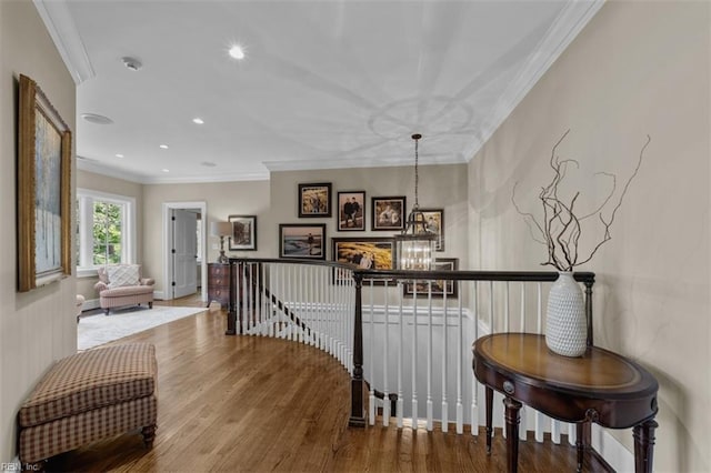 hallway with crown molding and hardwood / wood-style flooring